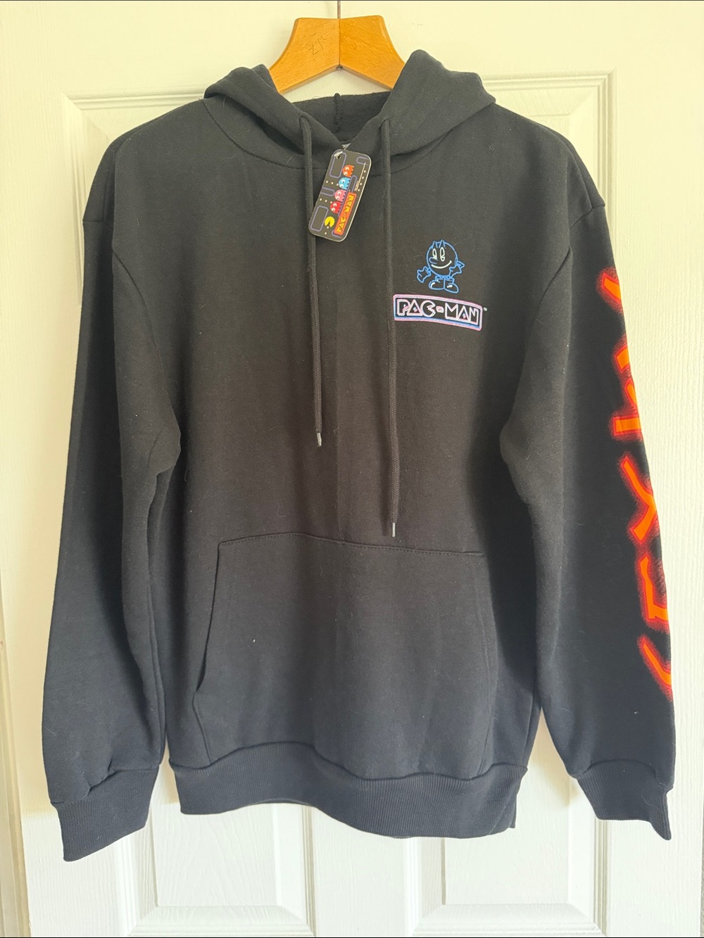 Pac-Man Black Graphic Hoodie with Sleeve Logo